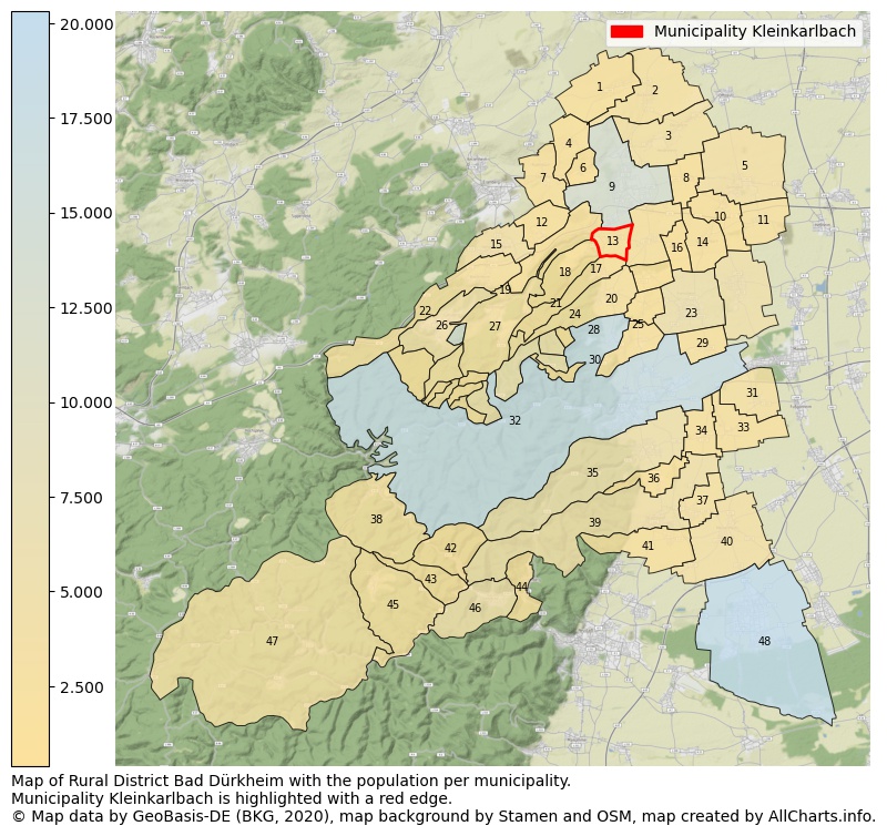 Map of Rural district Bad Dürkheim with the population per municipality.Municipality Kleinkarlbach is highlighted with a red edge.. This page shows a lot of information about residents (such as the distribution by age groups, family composition, gender, native or German with an immigration background, ...), homes (numbers, types, price development, use, type of property, ...) and more (car ownership, energy consumption, ...) based on open data from the German Federal Agency for Cartography, the Federal Statistical Office (DESTATIS), the Regional Statistical Offices and various other sources!