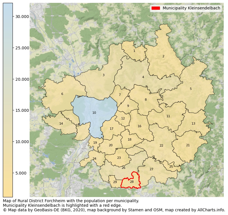 Map of Rural district Forchheim with the population per municipality.Municipality Kleinsendelbach is highlighted with a red edge.. This page shows a lot of information about residents (such as the distribution by age groups, family composition, gender, native or German with an immigration background, ...), homes (numbers, types, price development, use, type of property, ...) and more (car ownership, energy consumption, ...) based on open data from the German Federal Agency for Cartography, the Federal Statistical Office (DESTATIS), the Regional Statistical Offices and various other sources!