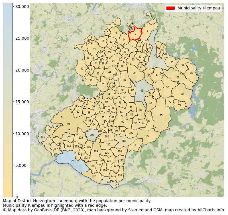 Map of District Herzogtum Lauenburg with the population per municipality.Municipality Klempau is highlighted with a red edge.. This page shows a lot of information about residents (such as the distribution by age groups, family composition, gender, native or German with an immigration background, ...), homes (numbers, types, price development, use, type of property, ...) and more (car ownership, energy consumption, ...) based on open data from the German Federal Agency for Cartography, the Federal Statistical Office (DESTATIS), the Regional Statistical Offices and various other sources!