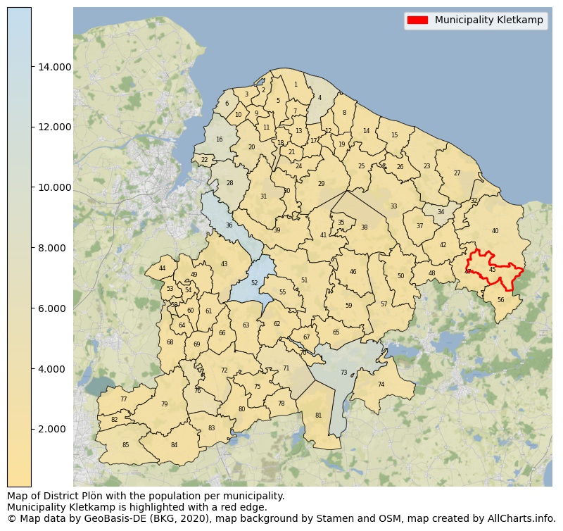 Map of District Plön with the population per municipality.Municipality Kletkamp is highlighted with a red edge.. This page shows a lot of information about residents (such as the distribution by age groups, family composition, gender, native or German with an immigration background, ...), homes (numbers, types, price development, use, type of property, ...) and more (car ownership, energy consumption, ...) based on open data from the German Federal Agency for Cartography, the Federal Statistical Office (DESTATIS), the Regional Statistical Offices and various other sources!