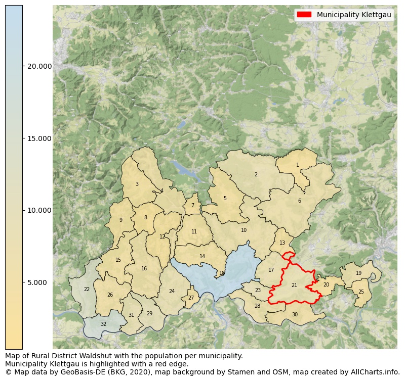 Map of Rural district Waldshut with the population per municipality.Municipality Klettgau is highlighted with a red edge.. This page shows a lot of information about residents (such as the distribution by age groups, family composition, gender, native or German with an immigration background, ...), homes (numbers, types, price development, use, type of property, ...) and more (car ownership, energy consumption, ...) based on open data from the German Federal Agency for Cartography, the Federal Statistical Office (DESTATIS), the Regional Statistical Offices and various other sources!