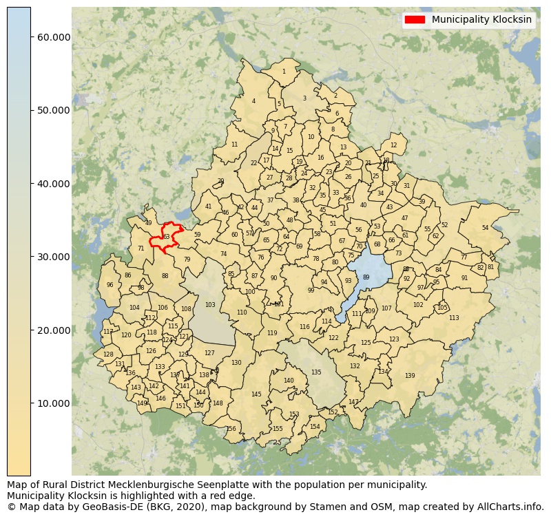 Map of Rural district Mecklenburgische Seenplatte with the population per municipality.Municipality Klocksin is highlighted with a red edge.. This page shows a lot of information about residents (such as the distribution by age groups, family composition, gender, native or German with an immigration background, ...), homes (numbers, types, price development, use, type of property, ...) and more (car ownership, energy consumption, ...) based on open data from the German Federal Agency for Cartography, the Federal Statistical Office (DESTATIS), the Regional Statistical Offices and various other sources!