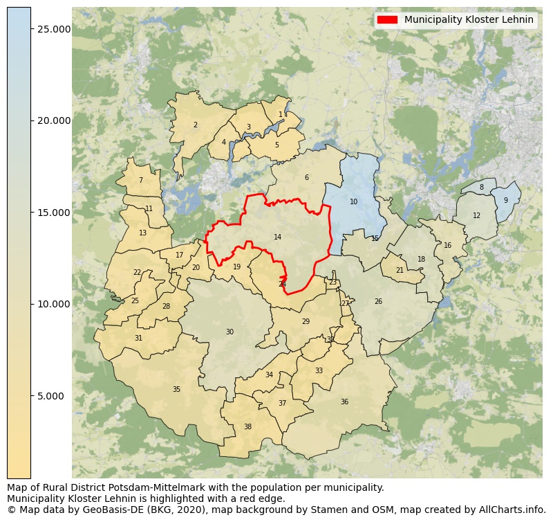 Map of Rural district Potsdam-Mittelmark with the population per municipality.Municipality Kloster Lehnin is highlighted with a red edge.. This page shows a lot of information about residents (such as the distribution by age groups, family composition, gender, native or German with an immigration background, ...), homes (numbers, types, price development, use, type of property, ...) and more (car ownership, energy consumption, ...) based on open data from the German Federal Agency for Cartography, the Federal Statistical Office (DESTATIS), the Regional Statistical Offices and various other sources!