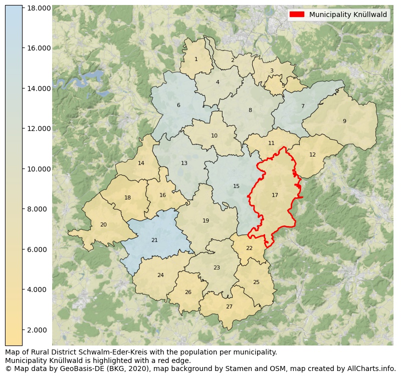 Map of Rural district Schwalm-Eder-Kreis with the population per municipality.Municipality Knüllwald is highlighted with a red edge.. This page shows a lot of information about residents (such as the distribution by age groups, family composition, gender, native or German with an immigration background, ...), homes (numbers, types, price development, use, type of property, ...) and more (car ownership, energy consumption, ...) based on open data from the German Federal Agency for Cartography, the Federal Statistical Office (DESTATIS), the Regional Statistical Offices and various other sources!
