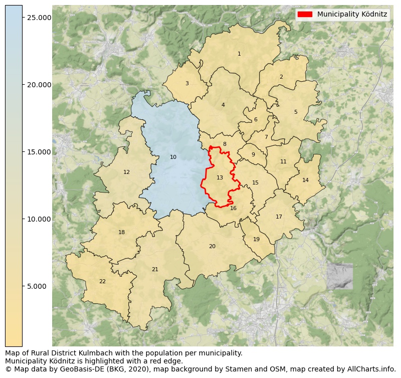 Map of Rural district Kulmbach with the population per municipality.Municipality Ködnitz is highlighted with a red edge.. This page shows a lot of information about residents (such as the distribution by age groups, family composition, gender, native or German with an immigration background, ...), homes (numbers, types, price development, use, type of property, ...) and more (car ownership, energy consumption, ...) based on open data from the German Federal Agency for Cartography, the Federal Statistical Office (DESTATIS), the Regional Statistical Offices and various other sources!