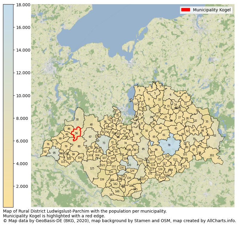 Map of Rural district Ludwigslust-Parchim with the population per municipality.Municipality Kogel is highlighted with a red edge.. This page shows a lot of information about residents (such as the distribution by age groups, family composition, gender, native or German with an immigration background, ...), homes (numbers, types, price development, use, type of property, ...) and more (car ownership, energy consumption, ...) based on open data from the German Federal Agency for Cartography, the Federal Statistical Office (DESTATIS), the Regional Statistical Offices and various other sources!