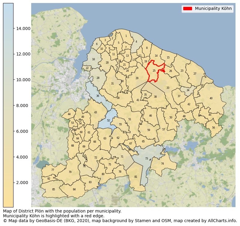 Map of District Plön with the population per municipality.Municipality Köhn is highlighted with a red edge.. This page shows a lot of information about residents (such as the distribution by age groups, family composition, gender, native or German with an immigration background, ...), homes (numbers, types, price development, use, type of property, ...) and more (car ownership, energy consumption, ...) based on open data from the German Federal Agency for Cartography, the Federal Statistical Office (DESTATIS), the Regional Statistical Offices and various other sources!