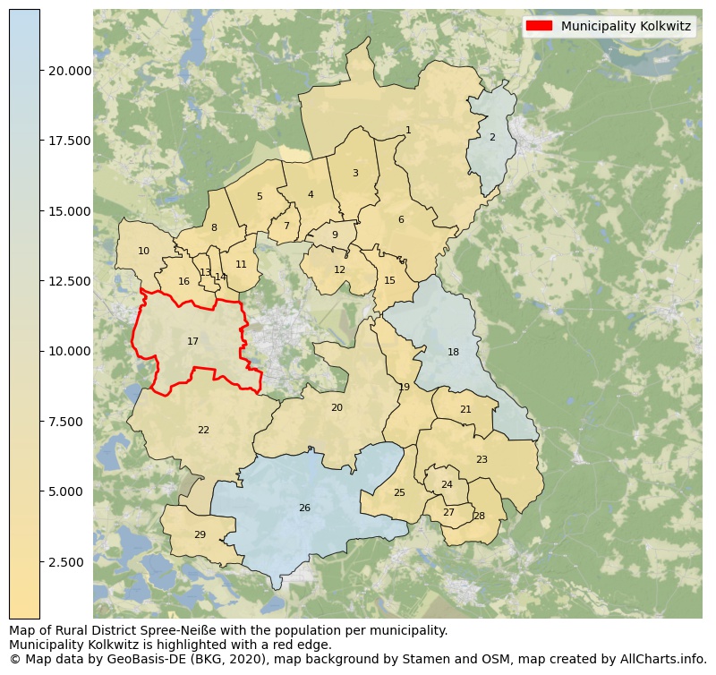 Map of Rural district Spree-Neiße with the population per municipality.Municipality Kolkwitz is highlighted with a red edge.. This page shows a lot of information about residents (such as the distribution by age groups, family composition, gender, native or German with an immigration background, ...), homes (numbers, types, price development, use, type of property, ...) and more (car ownership, energy consumption, ...) based on open data from the German Federal Agency for Cartography, the Federal Statistical Office (DESTATIS), the Regional Statistical Offices and various other sources!