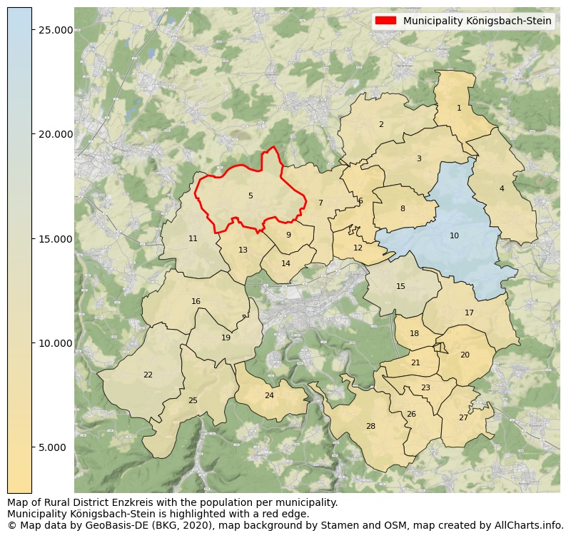 Map of Rural district Enzkreis with the population per municipality.Municipality Königsbach-Stein is highlighted with a red edge.. This page shows a lot of information about residents (such as the distribution by age groups, family composition, gender, native or German with an immigration background, ...), homes (numbers, types, price development, use, type of property, ...) and more (car ownership, energy consumption, ...) based on open data from the German Federal Agency for Cartography, the Federal Statistical Office (DESTATIS), the Regional Statistical Offices and various other sources!