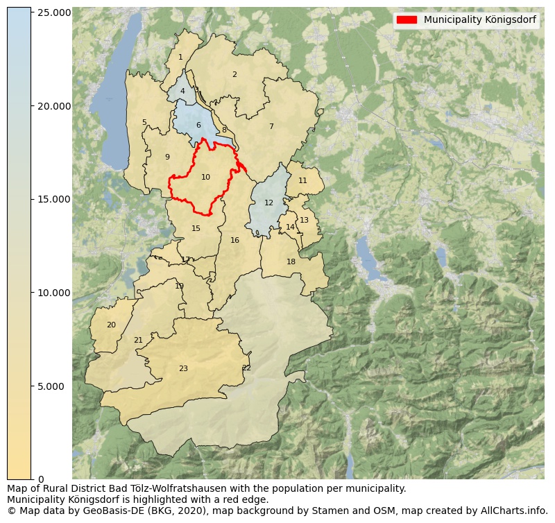 Map of Rural district Bad Tölz-Wolfratshausen with the population per municipality.Municipality Königsdorf is highlighted with a red edge.. This page shows a lot of information about residents (such as the distribution by age groups, family composition, gender, native or German with an immigration background, ...), homes (numbers, types, price development, use, type of property, ...) and more (car ownership, energy consumption, ...) based on open data from the German Federal Agency for Cartography, the Federal Statistical Office (DESTATIS), the Regional Statistical Offices and various other sources!