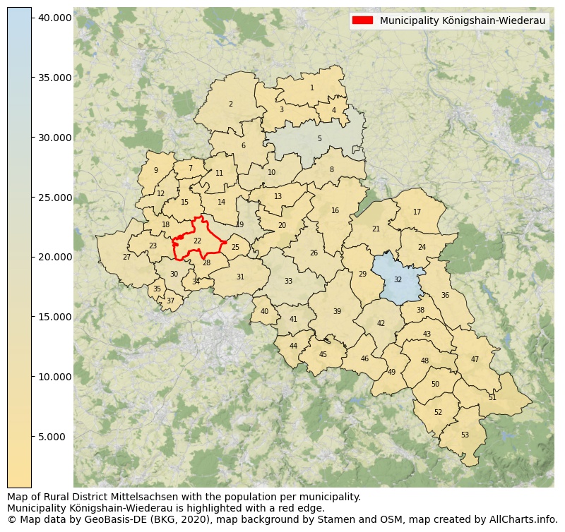 Map of Rural district Mittelsachsen with the population per municipality.Municipality Königshain-Wiederau is highlighted with a red edge.. This page shows a lot of information about residents (such as the distribution by age groups, family composition, gender, native or German with an immigration background, ...), homes (numbers, types, price development, use, type of property, ...) and more (car ownership, energy consumption, ...) based on open data from the German Federal Agency for Cartography, the Federal Statistical Office (DESTATIS), the Regional Statistical Offices and various other sources!