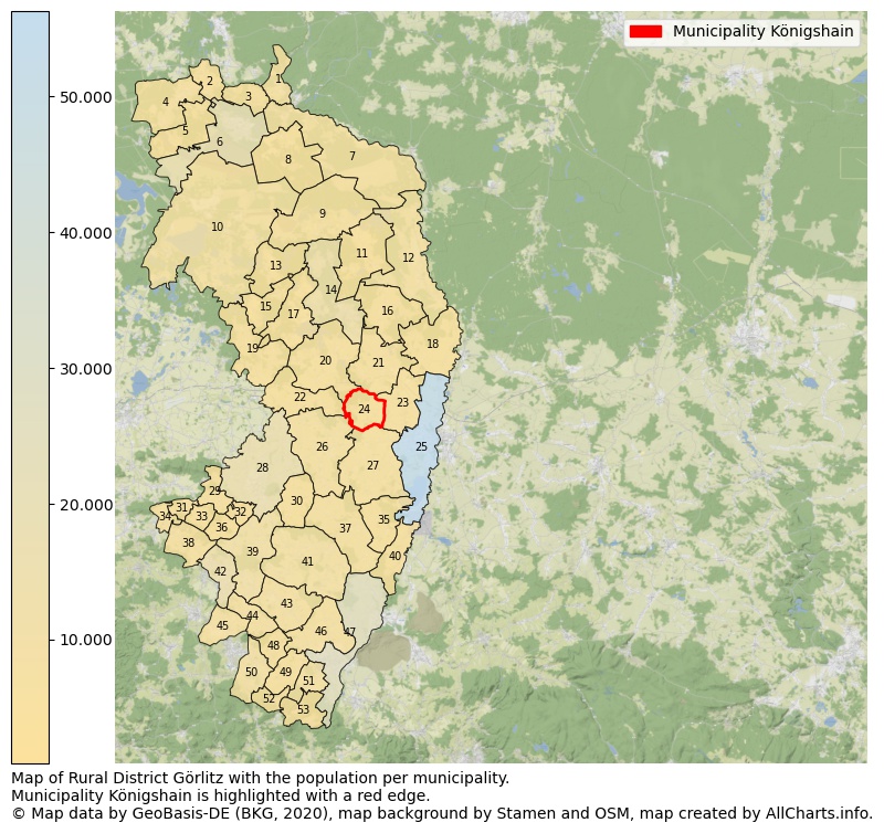Map of Rural district Görlitz with the population per municipality.Municipality Königshain is highlighted with a red edge.. This page shows a lot of information about residents (such as the distribution by age groups, family composition, gender, native or German with an immigration background, ...), homes (numbers, types, price development, use, type of property, ...) and more (car ownership, energy consumption, ...) based on open data from the German Federal Agency for Cartography, the Federal Statistical Office (DESTATIS), the Regional Statistical Offices and various other sources!