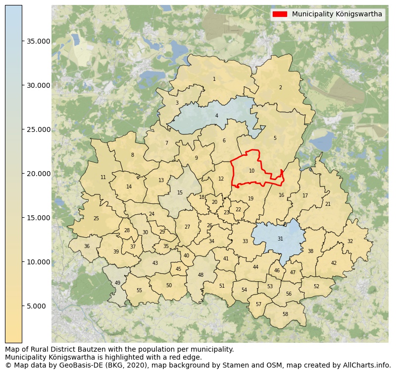 Map of Rural district Bautzen with the population per municipality.Municipality Königswartha is highlighted with a red edge.. This page shows a lot of information about residents (such as the distribution by age groups, family composition, gender, native or German with an immigration background, ...), homes (numbers, types, price development, use, type of property, ...) and more (car ownership, energy consumption, ...) based on open data from the German Federal Agency for Cartography, the Federal Statistical Office (DESTATIS), the Regional Statistical Offices and various other sources!