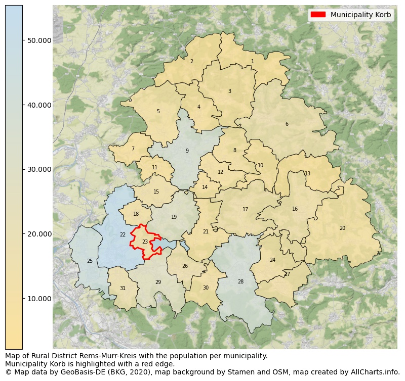 Map of Rural district Rems-Murr-Kreis with the population per municipality.Municipality Korb is highlighted with a red edge.. This page shows a lot of information about residents (such as the distribution by age groups, family composition, gender, native or German with an immigration background, ...), homes (numbers, types, price development, use, type of property, ...) and more (car ownership, energy consumption, ...) based on open data from the German Federal Agency for Cartography, the Federal Statistical Office (DESTATIS), the Regional Statistical Offices and various other sources!