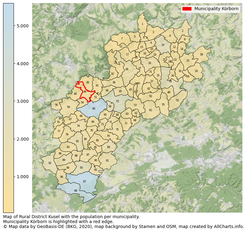 Map of Rural district Kusel with the population per municipality.Municipality Körborn is highlighted with a red edge.. This page shows a lot of information about residents (such as the distribution by age groups, family composition, gender, native or German with an immigration background, ...), homes (numbers, types, price development, use, type of property, ...) and more (car ownership, energy consumption, ...) based on open data from the German Federal Agency for Cartography, the Federal Statistical Office (DESTATIS), the Regional Statistical Offices and various other sources!