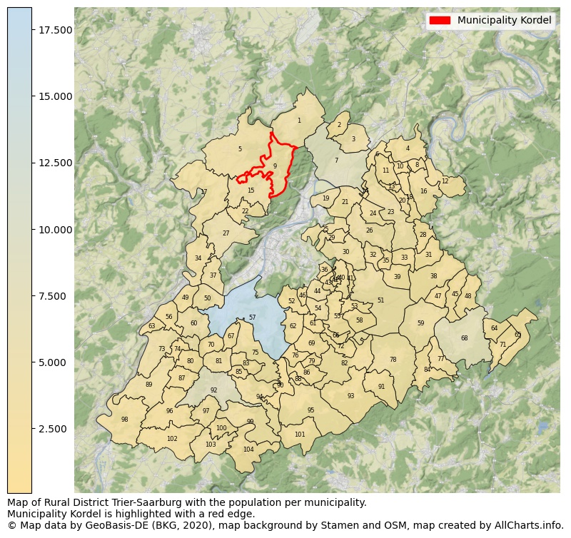 Map of Rural district Trier-Saarburg with the population per municipality.Municipality Kordel is highlighted with a red edge.. This page shows a lot of information about residents (such as the distribution by age groups, family composition, gender, native or German with an immigration background, ...), homes (numbers, types, price development, use, type of property, ...) and more (car ownership, energy consumption, ...) based on open data from the German Federal Agency for Cartography, the Federal Statistical Office (DESTATIS), the Regional Statistical Offices and various other sources!