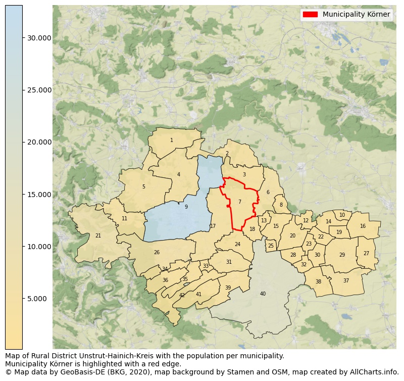 Map of Rural district Unstrut-Hainich-Kreis with the population per municipality.Municipality Körner is highlighted with a red edge.. This page shows a lot of information about residents (such as the distribution by age groups, family composition, gender, native or German with an immigration background, ...), homes (numbers, types, price development, use, type of property, ...) and more (car ownership, energy consumption, ...) based on open data from the German Federal Agency for Cartography, the Federal Statistical Office (DESTATIS), the Regional Statistical Offices and various other sources!
