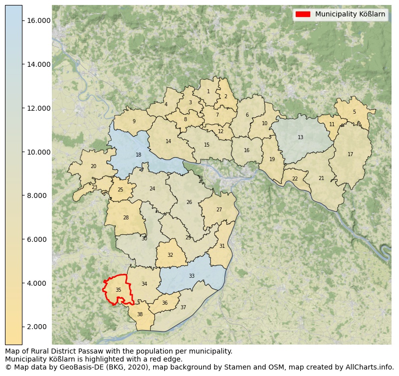 Map of Rural district Passaw with the population per municipality.Municipality Kößlarn is highlighted with a red edge.. This page shows a lot of information about residents (such as the distribution by age groups, family composition, gender, native or German with an immigration background, ...), homes (numbers, types, price development, use, type of property, ...) and more (car ownership, energy consumption, ...) based on open data from the German Federal Agency for Cartography, the Federal Statistical Office (DESTATIS), the Regional Statistical Offices and various other sources!