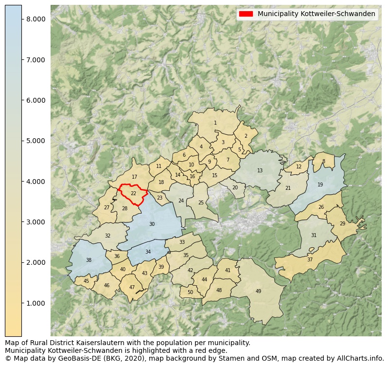 Map of Rural district Kaiserslautern with the population per municipality.Municipality Kottweiler-Schwanden is highlighted with a red edge.. This page shows a lot of information about residents (such as the distribution by age groups, family composition, gender, native or German with an immigration background, ...), homes (numbers, types, price development, use, type of property, ...) and more (car ownership, energy consumption, ...) based on open data from the German Federal Agency for Cartography, the Federal Statistical Office (DESTATIS), the Regional Statistical Offices and various other sources!