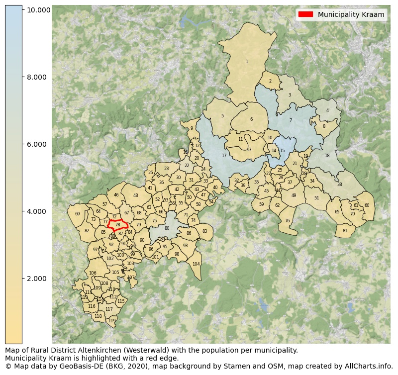 Map of Rural district Altenkirchen (Westerwald) with the population per municipality.Municipality Kraam is highlighted with a red edge.. This page shows a lot of information about residents (such as the distribution by age groups, family composition, gender, native or German with an immigration background, ...), homes (numbers, types, price development, use, type of property, ...) and more (car ownership, energy consumption, ...) based on open data from the German Federal Agency for Cartography, the Federal Statistical Office (DESTATIS), the Regional Statistical Offices and various other sources!