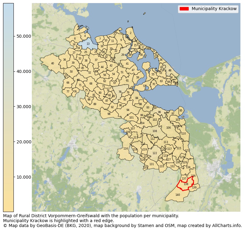 Map of Rural district Vorpommern-Greifswald with the population per municipality.Municipality Krackow is highlighted with a red edge.. This page shows a lot of information about residents (such as the distribution by age groups, family composition, gender, native or German with an immigration background, ...), homes (numbers, types, price development, use, type of property, ...) and more (car ownership, energy consumption, ...) based on open data from the German Federal Agency for Cartography, the Federal Statistical Office (DESTATIS), the Regional Statistical Offices and various other sources!