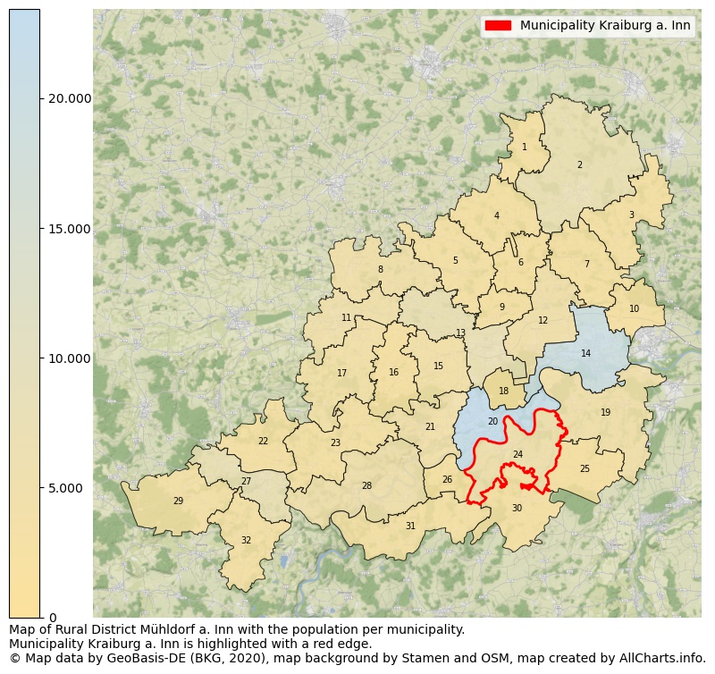 Map of Rural district Mühldorf a. Inn with the population per municipality.Municipality Kraiburg a. Inn is highlighted with a red edge.. This page shows a lot of information about residents (such as the distribution by age groups, family composition, gender, native or German with an immigration background, ...), homes (numbers, types, price development, use, type of property, ...) and more (car ownership, energy consumption, ...) based on open data from the German Federal Agency for Cartography, the Federal Statistical Office (DESTATIS), the Regional Statistical Offices and various other sources!