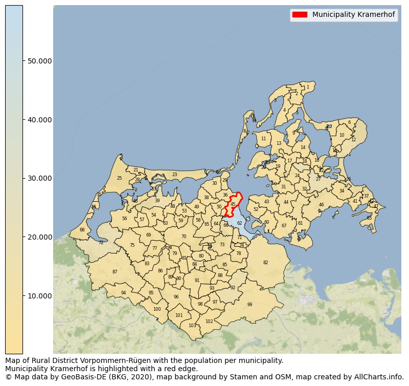 Map of Rural district Vorpommern-Rügen with the population per municipality.Municipality Kramerhof is highlighted with a red edge.. This page shows a lot of information about residents (such as the distribution by age groups, family composition, gender, native or German with an immigration background, ...), homes (numbers, types, price development, use, type of property, ...) and more (car ownership, energy consumption, ...) based on open data from the German Federal Agency for Cartography, the Federal Statistical Office (DESTATIS), the Regional Statistical Offices and various other sources!