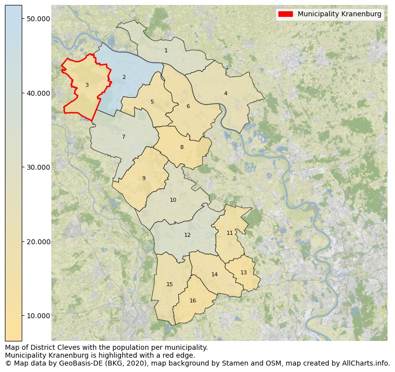 Map of District Cleves with the population per municipality.Municipality Kranenburg is highlighted with a red edge.. This page shows a lot of information about residents (such as the distribution by age groups, family composition, gender, native or German with an immigration background, ...), homes (numbers, types, price development, use, type of property, ...) and more (car ownership, energy consumption, ...) based on open data from the German Federal Agency for Cartography, the Federal Statistical Office (DESTATIS), the Regional Statistical Offices and various other sources!