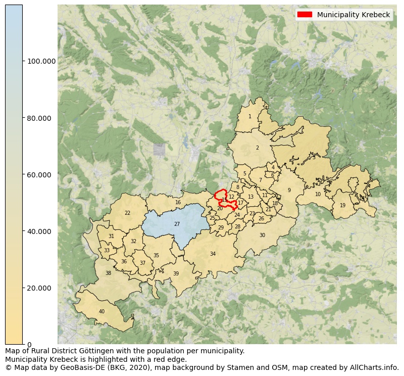 Map of Rural district Göttingen with the population per municipality.Municipality Krebeck is highlighted with a red edge.. This page shows a lot of information about residents (such as the distribution by age groups, family composition, gender, native or German with an immigration background, ...), homes (numbers, types, price development, use, type of property, ...) and more (car ownership, energy consumption, ...) based on open data from the German Federal Agency for Cartography, the Federal Statistical Office (DESTATIS), the Regional Statistical Offices and various other sources!
