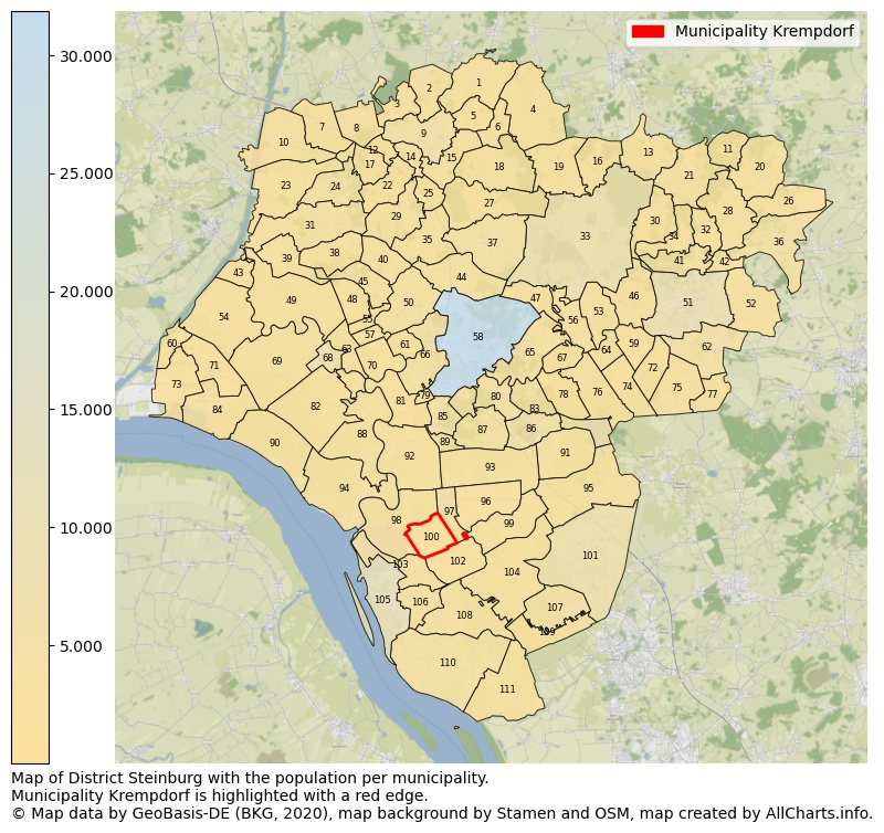 Map of District Steinburg with the population per municipality.Municipality Krempdorf is highlighted with a red edge.. This page shows a lot of information about residents (such as the distribution by age groups, family composition, gender, native or German with an immigration background, ...), homes (numbers, types, price development, use, type of property, ...) and more (car ownership, energy consumption, ...) based on open data from the German Federal Agency for Cartography, the Federal Statistical Office (DESTATIS), the Regional Statistical Offices and various other sources!