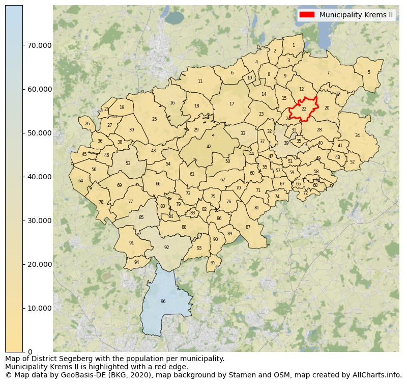 Map of District Segeberg with the population per municipality.Municipality Krems II is highlighted with a red edge.. This page shows a lot of information about residents (such as the distribution by age groups, family composition, gender, native or German with an immigration background, ...), homes (numbers, types, price development, use, type of property, ...) and more (car ownership, energy consumption, ...) based on open data from the German Federal Agency for Cartography, the Federal Statistical Office (DESTATIS), the Regional Statistical Offices and various other sources!