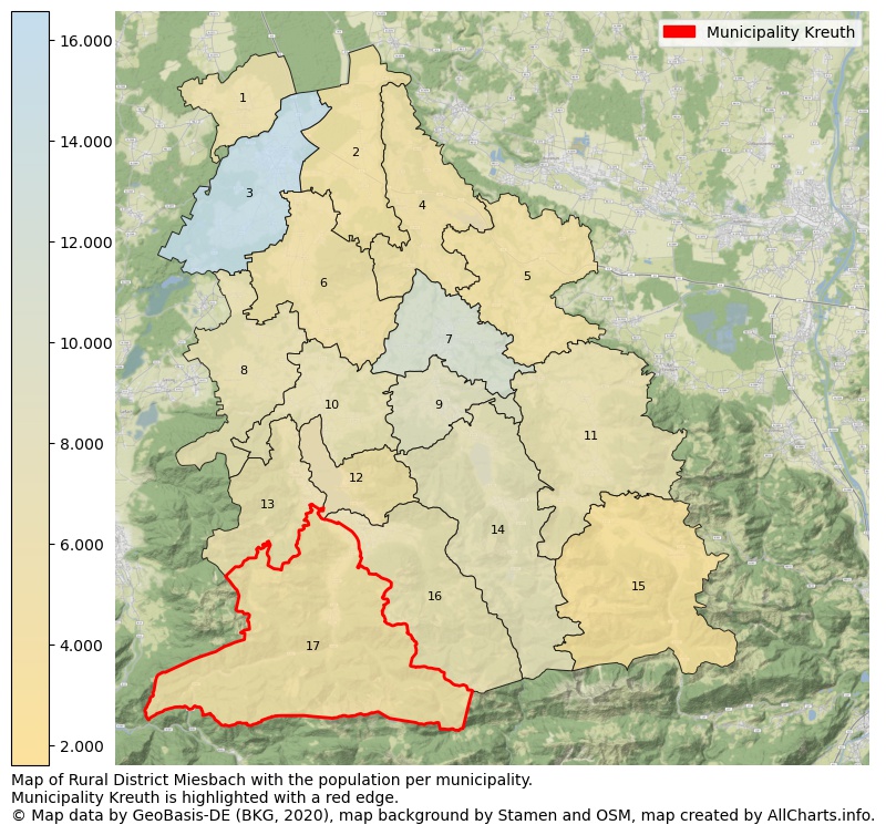 Map of Rural district Miesbach with the population per municipality.Municipality Kreuth is highlighted with a red edge.. This page shows a lot of information about residents (such as the distribution by age groups, family composition, gender, native or German with an immigration background, ...), homes (numbers, types, price development, use, type of property, ...) and more (car ownership, energy consumption, ...) based on open data from the German Federal Agency for Cartography, the Federal Statistical Office (DESTATIS), the Regional Statistical Offices and various other sources!
