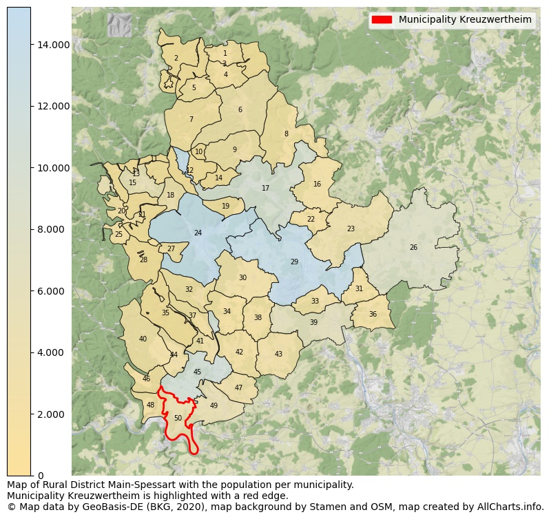 Map of Rural district Main-Spessart with the population per municipality.Municipality Kreuzwertheim is highlighted with a red edge.. This page shows a lot of information about residents (such as the distribution by age groups, family composition, gender, native or German with an immigration background, ...), homes (numbers, types, price development, use, type of property, ...) and more (car ownership, energy consumption, ...) based on open data from the German Federal Agency for Cartography, the Federal Statistical Office (DESTATIS), the Regional Statistical Offices and various other sources!