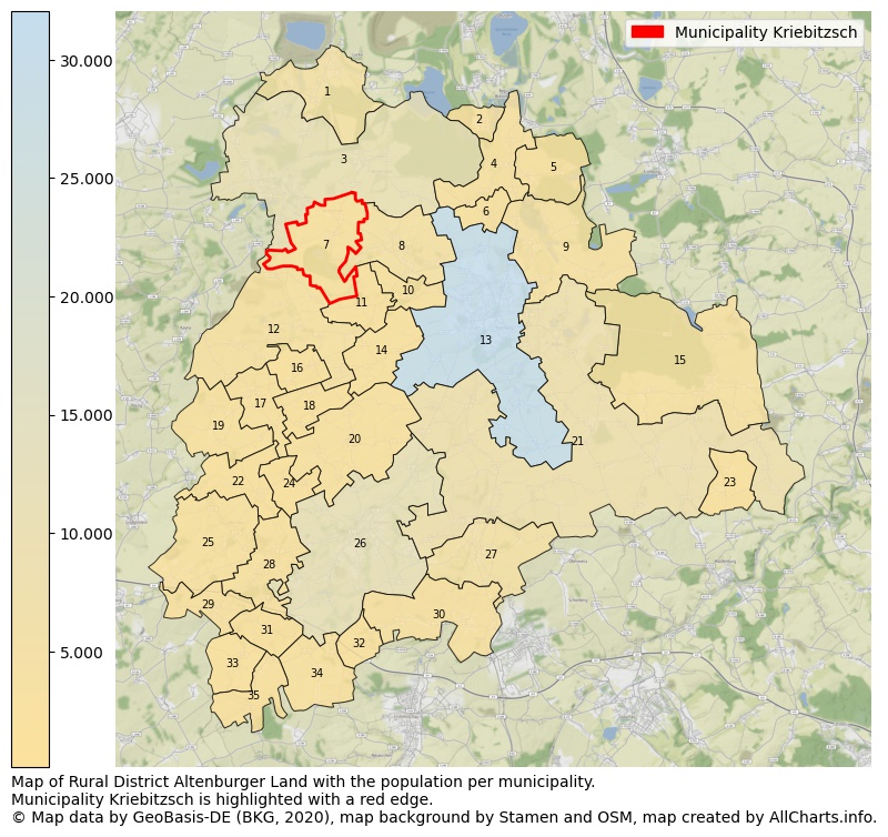Map of Rural district Altenburger Land with the population per municipality.Municipality Kriebitzsch is highlighted with a red edge.. This page shows a lot of information about residents (such as the distribution by age groups, family composition, gender, native or German with an immigration background, ...), homes (numbers, types, price development, use, type of property, ...) and more (car ownership, energy consumption, ...) based on open data from the German Federal Agency for Cartography, the Federal Statistical Office (DESTATIS), the Regional Statistical Offices and various other sources!