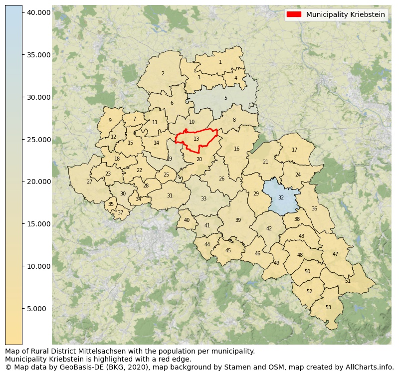 Map of Rural district Mittelsachsen with the population per municipality.Municipality Kriebstein is highlighted with a red edge.. This page shows a lot of information about residents (such as the distribution by age groups, family composition, gender, native or German with an immigration background, ...), homes (numbers, types, price development, use, type of property, ...) and more (car ownership, energy consumption, ...) based on open data from the German Federal Agency for Cartography, the Federal Statistical Office (DESTATIS), the Regional Statistical Offices and various other sources!