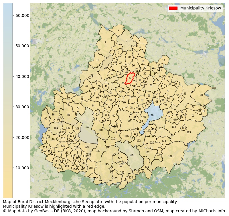 Map of Rural district Mecklenburgische Seenplatte with the population per municipality.Municipality Kriesow is highlighted with a red edge.. This page shows a lot of information about residents (such as the distribution by age groups, family composition, gender, native or German with an immigration background, ...), homes (numbers, types, price development, use, type of property, ...) and more (car ownership, energy consumption, ...) based on open data from the German Federal Agency for Cartography, the Federal Statistical Office (DESTATIS), the Regional Statistical Offices and various other sources!