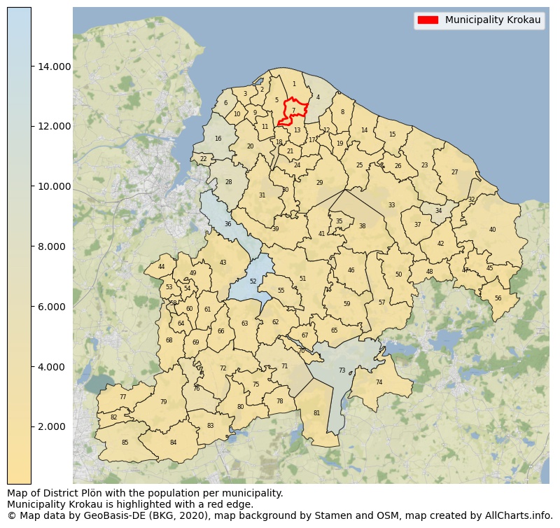Map of District Plön with the population per municipality.Municipality Krokau is highlighted with a red edge.. This page shows a lot of information about residents (such as the distribution by age groups, family composition, gender, native or German with an immigration background, ...), homes (numbers, types, price development, use, type of property, ...) and more (car ownership, energy consumption, ...) based on open data from the German Federal Agency for Cartography, the Federal Statistical Office (DESTATIS), the Regional Statistical Offices and various other sources!