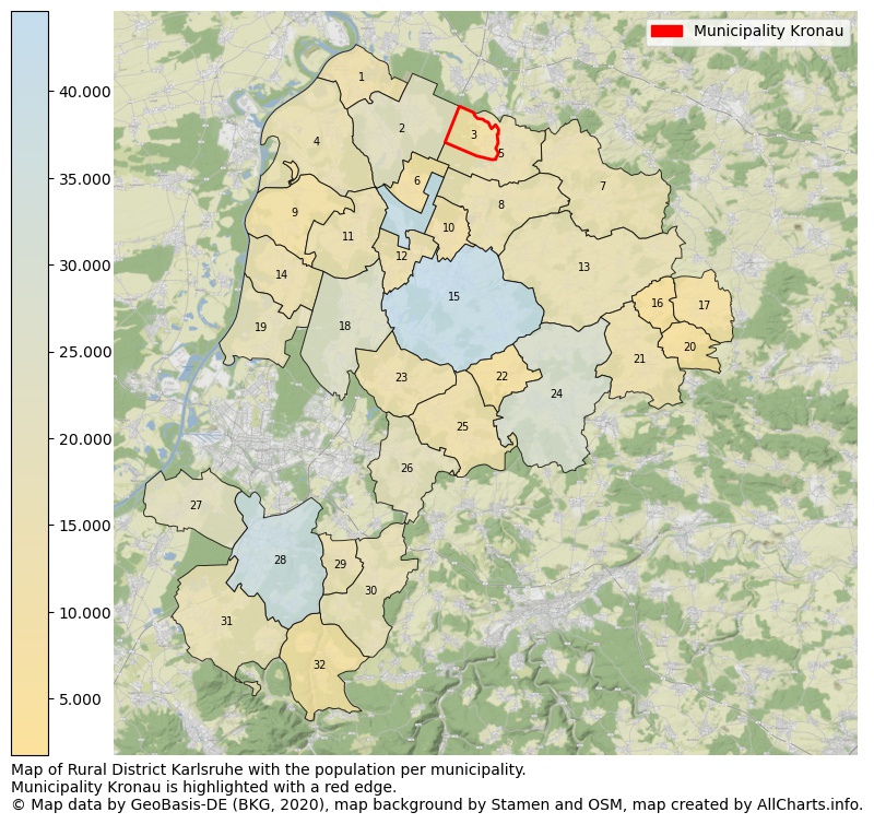 Map of Rural district Karlsruhe with the population per municipality.Municipality Kronau is highlighted with a red edge.. This page shows a lot of information about residents (such as the distribution by age groups, family composition, gender, native or German with an immigration background, ...), homes (numbers, types, price development, use, type of property, ...) and more (car ownership, energy consumption, ...) based on open data from the German Federal Agency for Cartography, the Federal Statistical Office (DESTATIS), the Regional Statistical Offices and various other sources!