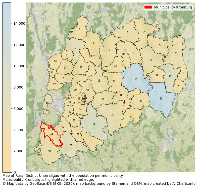 Map of Rural district Unterallgäu with the population per municipality.Municipality Kronburg is highlighted with a red edge.. This page shows a lot of information about residents (such as the distribution by age groups, family composition, gender, native or German with an immigration background, ...), homes (numbers, types, price development, use, type of property, ...) and more (car ownership, energy consumption, ...) based on open data from the German Federal Agency for Cartography, the Federal Statistical Office (DESTATIS), the Regional Statistical Offices and various other sources!