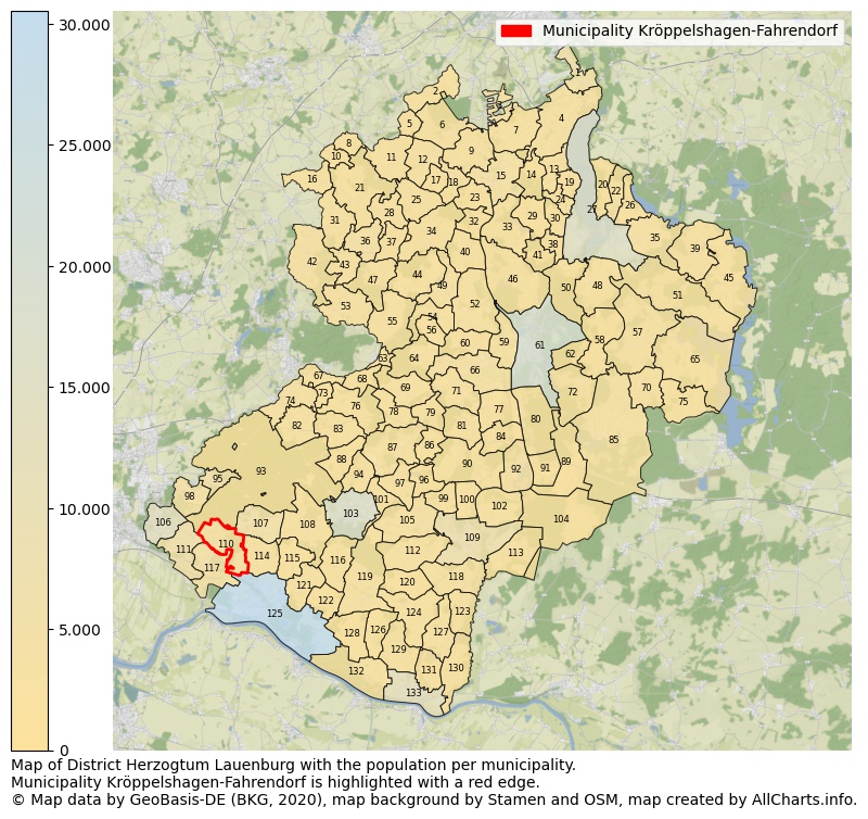 Map of District Herzogtum Lauenburg with the population per municipality.Municipality Kröppelshagen-Fahrendorf is highlighted with a red edge.. This page shows a lot of information about residents (such as the distribution by age groups, family composition, gender, native or German with an immigration background, ...), homes (numbers, types, price development, use, type of property, ...) and more (car ownership, energy consumption, ...) based on open data from the German Federal Agency for Cartography, the Federal Statistical Office (DESTATIS), the Regional Statistical Offices and various other sources!