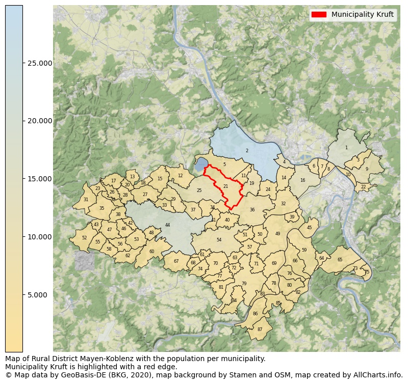 Map of Rural district Mayen-Koblenz with the population per municipality.Municipality Kruft is highlighted with a red edge.. This page shows a lot of information about residents (such as the distribution by age groups, family composition, gender, native or German with an immigration background, ...), homes (numbers, types, price development, use, type of property, ...) and more (car ownership, energy consumption, ...) based on open data from the German Federal Agency for Cartography, the Federal Statistical Office (DESTATIS), the Regional Statistical Offices and various other sources!