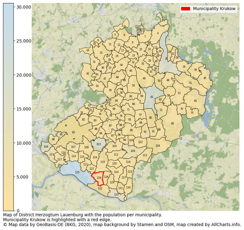 Map of District Herzogtum Lauenburg with the population per municipality.Municipality Krukow is highlighted with a red edge.. This page shows a lot of information about residents (such as the distribution by age groups, family composition, gender, native or German with an immigration background, ...), homes (numbers, types, price development, use, type of property, ...) and more (car ownership, energy consumption, ...) based on open data from the German Federal Agency for Cartography, the Federal Statistical Office (DESTATIS), the Regional Statistical Offices and various other sources!