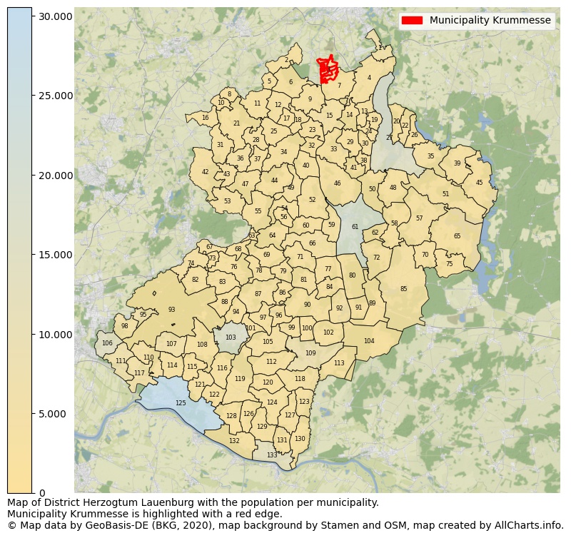 Map of District Herzogtum Lauenburg with the population per municipality.Municipality Krummesse is highlighted with a red edge.. This page shows a lot of information about residents (such as the distribution by age groups, family composition, gender, native or German with an immigration background, ...), homes (numbers, types, price development, use, type of property, ...) and more (car ownership, energy consumption, ...) based on open data from the German Federal Agency for Cartography, the Federal Statistical Office (DESTATIS), the Regional Statistical Offices and various other sources!