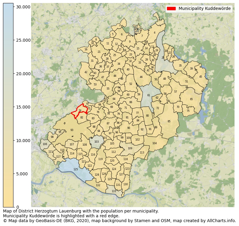 Map of District Herzogtum Lauenburg with the population per municipality.Municipality Kuddewörde is highlighted with a red edge.. This page shows a lot of information about residents (such as the distribution by age groups, family composition, gender, native or German with an immigration background, ...), homes (numbers, types, price development, use, type of property, ...) and more (car ownership, energy consumption, ...) based on open data from the German Federal Agency for Cartography, the Federal Statistical Office (DESTATIS), the Regional Statistical Offices and various other sources!