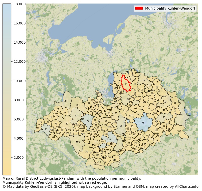 Map of Rural district Ludwigslust-Parchim with the population per municipality.Municipality Kuhlen-Wendorf is highlighted with a red edge.. This page shows a lot of information about residents (such as the distribution by age groups, family composition, gender, native or German with an immigration background, ...), homes (numbers, types, price development, use, type of property, ...) and more (car ownership, energy consumption, ...) based on open data from the German Federal Agency for Cartography, the Federal Statistical Office (DESTATIS), the Regional Statistical Offices and various other sources!