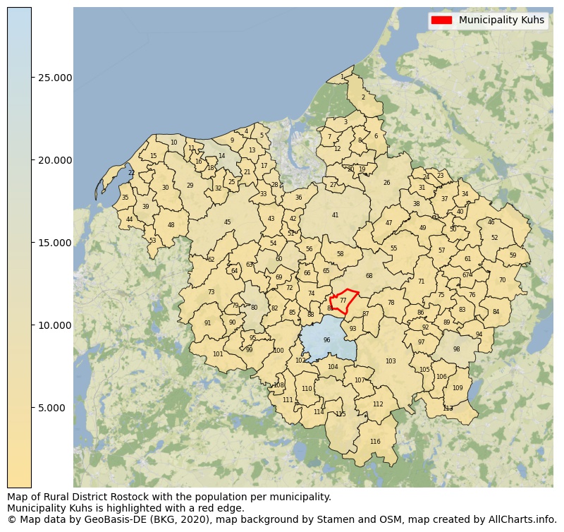 Map of Rural district Rostock with the population per municipality.Municipality Kuhs is highlighted with a red edge.. This page shows a lot of information about residents (such as the distribution by age groups, family composition, gender, native or German with an immigration background, ...), homes (numbers, types, price development, use, type of property, ...) and more (car ownership, energy consumption, ...) based on open data from the German Federal Agency for Cartography, the Federal Statistical Office (DESTATIS), the Regional Statistical Offices and various other sources!