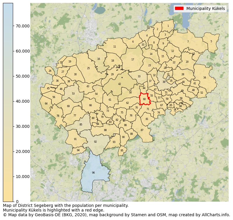 Map of District Segeberg with the population per municipality.Municipality Kükels is highlighted with a red edge.. This page shows a lot of information about residents (such as the distribution by age groups, family composition, gender, native or German with an immigration background, ...), homes (numbers, types, price development, use, type of property, ...) and more (car ownership, energy consumption, ...) based on open data from the German Federal Agency for Cartography, the Federal Statistical Office (DESTATIS), the Regional Statistical Offices and various other sources!