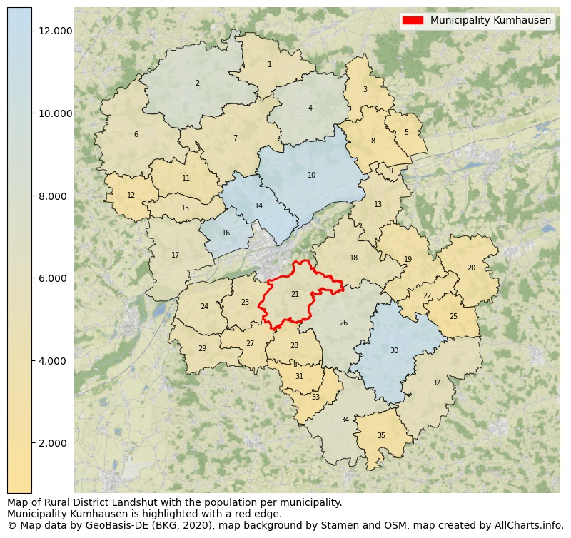 Map of Rural district Landshut with the population per municipality.Municipality Kumhausen is highlighted with a red edge.. This page shows a lot of information about residents (such as the distribution by age groups, family composition, gender, native or German with an immigration background, ...), homes (numbers, types, price development, use, type of property, ...) and more (car ownership, energy consumption, ...) based on open data from the German Federal Agency for Cartography, the Federal Statistical Office (DESTATIS), the Regional Statistical Offices and various other sources!