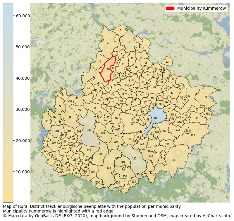 Map of Rural district Mecklenburgische Seenplatte with the population per municipality.Municipality Kummerow is highlighted with a red edge.. This page shows a lot of information about residents (such as the distribution by age groups, family composition, gender, native or German with an immigration background, ...), homes (numbers, types, price development, use, type of property, ...) and more (car ownership, energy consumption, ...) based on open data from the German Federal Agency for Cartography, the Federal Statistical Office (DESTATIS), the Regional Statistical Offices and various other sources!