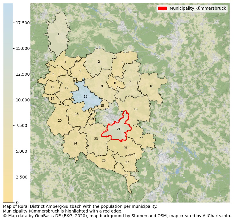 Map of Rural district Amberg-Sulzbach with the population per municipality.Municipality Kümmersbruck is highlighted with a red edge.. This page shows a lot of information about residents (such as the distribution by age groups, family composition, gender, native or German with an immigration background, ...), homes (numbers, types, price development, use, type of property, ...) and more (car ownership, energy consumption, ...) based on open data from the German Federal Agency for Cartography, the Federal Statistical Office (DESTATIS), the Regional Statistical Offices and various other sources!
